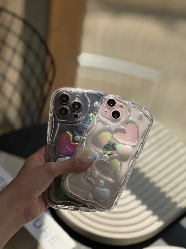 Transparent Samsung A25 phone case with embossed holographic heart