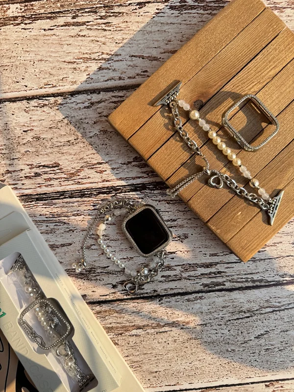 Pearl design Apple Watch band with guard and chain