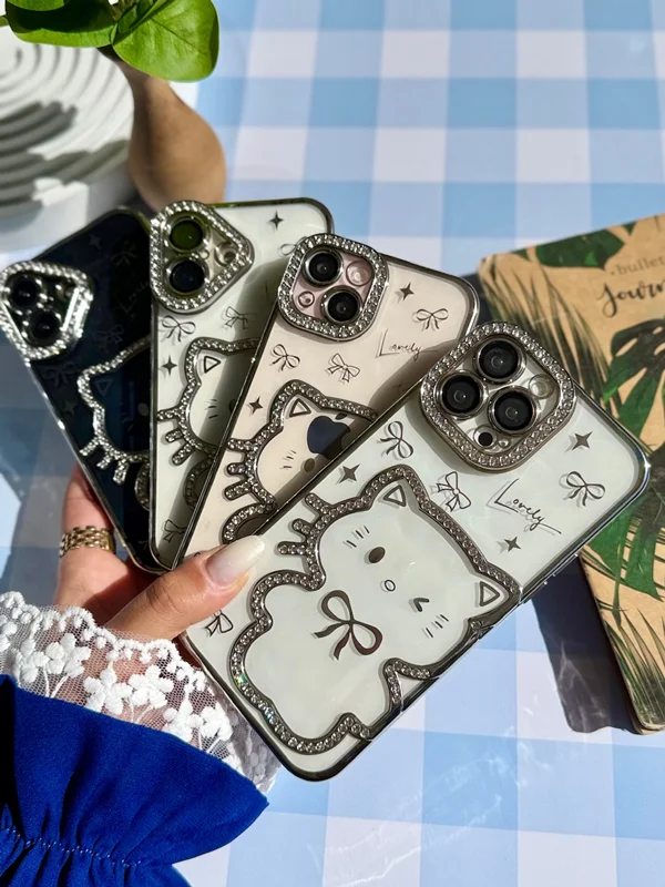 Clear 3D Cat Design Phone Case with Rhinestone Details iPhone 16 phone